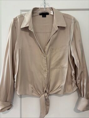Sanctuary Satin Tie-Front Button-Down Blouse in Light Beige